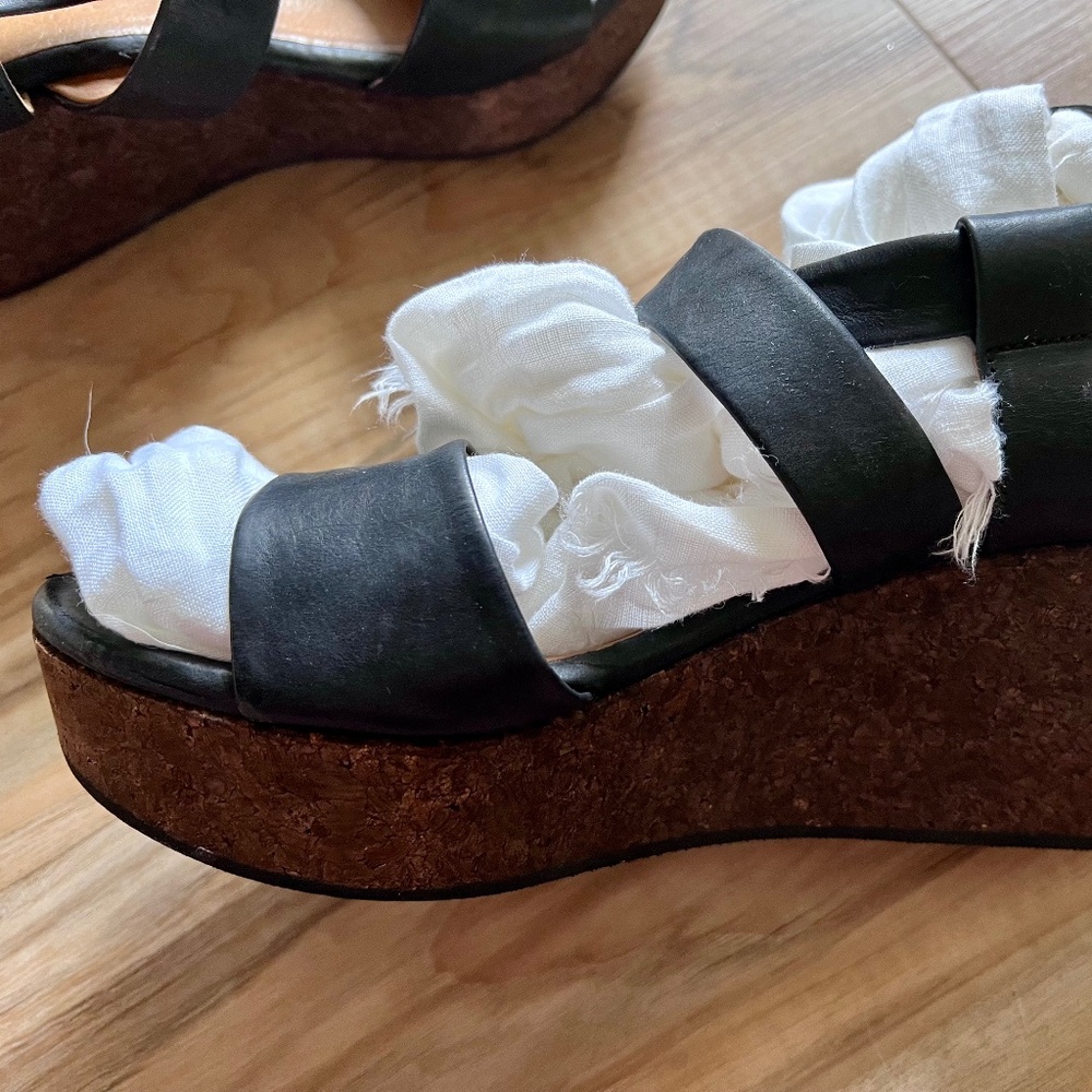 COCLICO SHOES MELANIA SLINGBACK CORK WEDGE SANDALS BLACK LEATHER 38.5 EUC